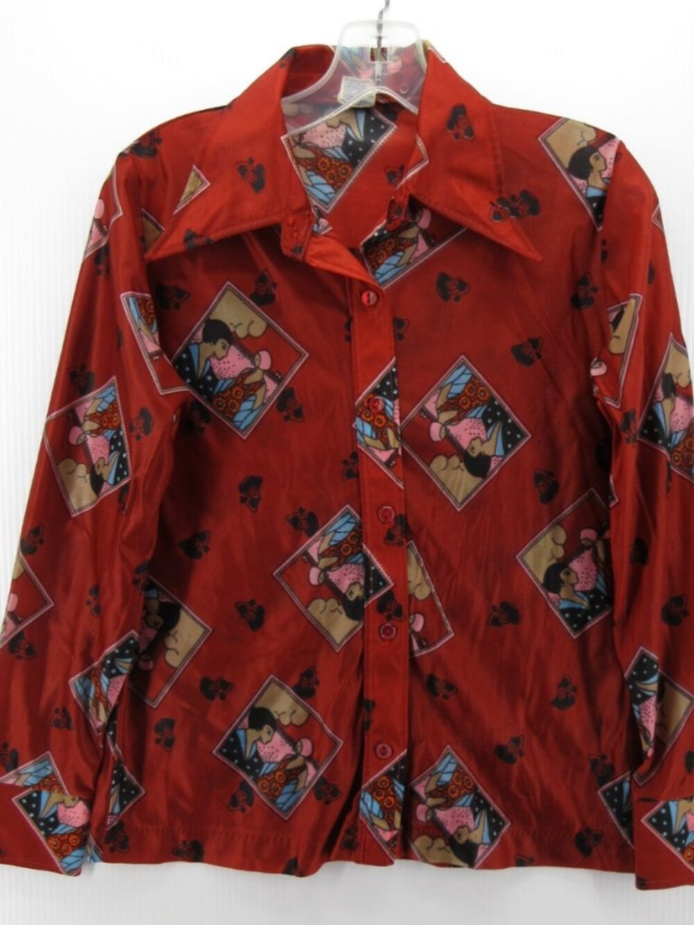 VINTAGE Top Medium 60s 70s Mod Disco Blouse AOP Dagger Collar Eileen *